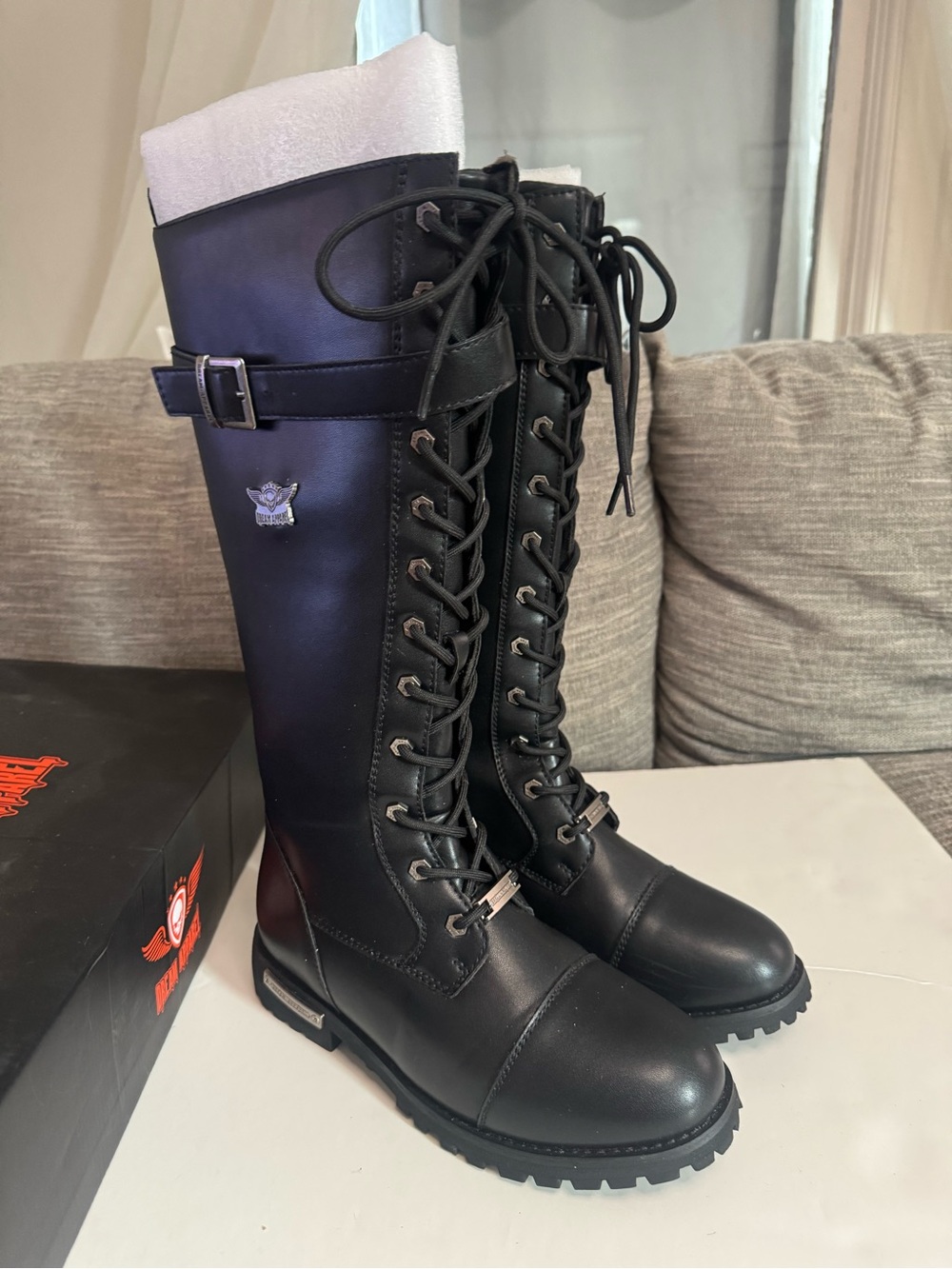 Black Lace-Up Knee-High Combat Boots - Unbranded